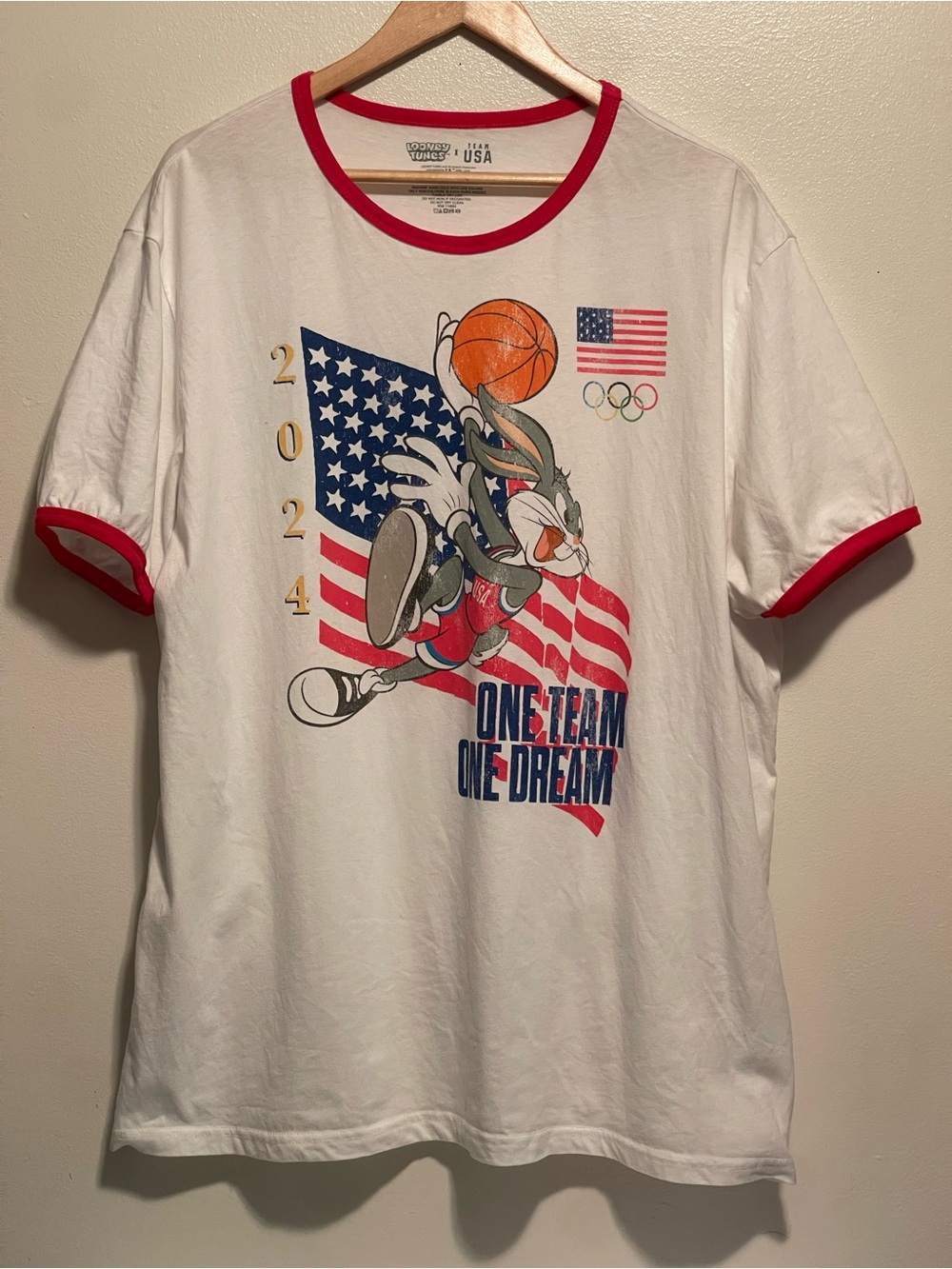 Men's White & Red Ringer T-Shirt – Bugs Bunny 2024 Olympic Graphic
